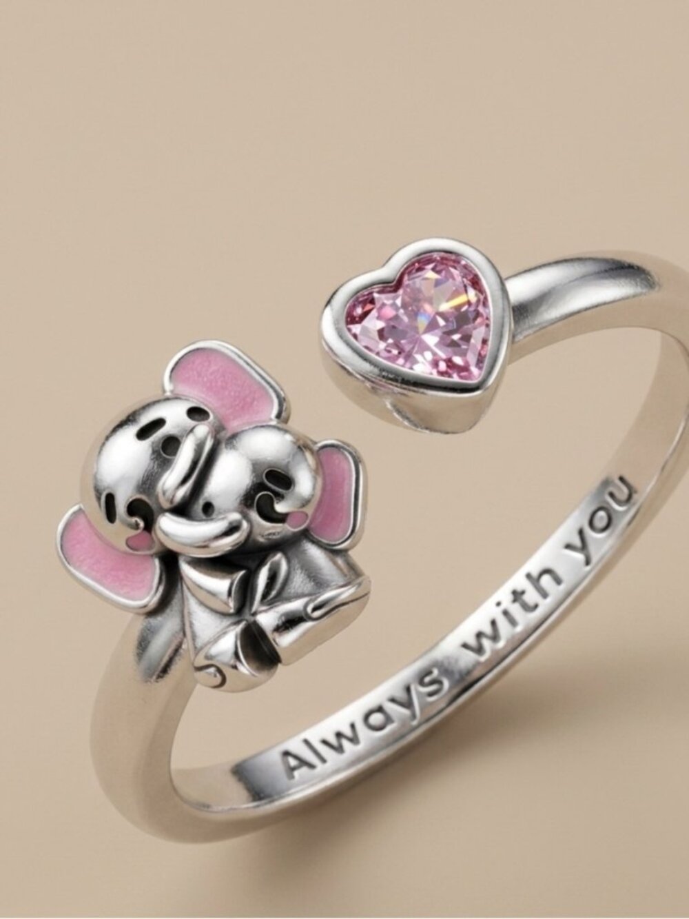 Silver Elephant Open Ring with Pink Heart Crystal
